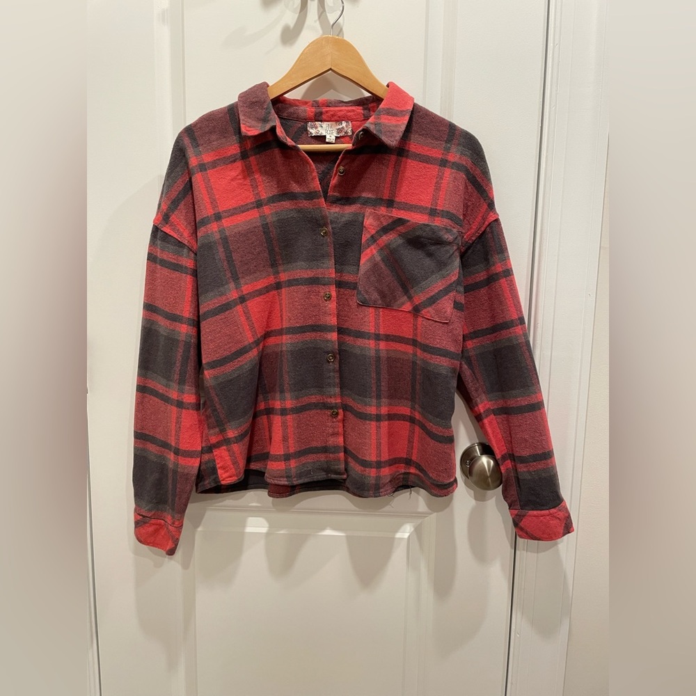 PINK ROSE Brushed Windowpane Plaid Long-Sleeve Flannel Shirt Sz M